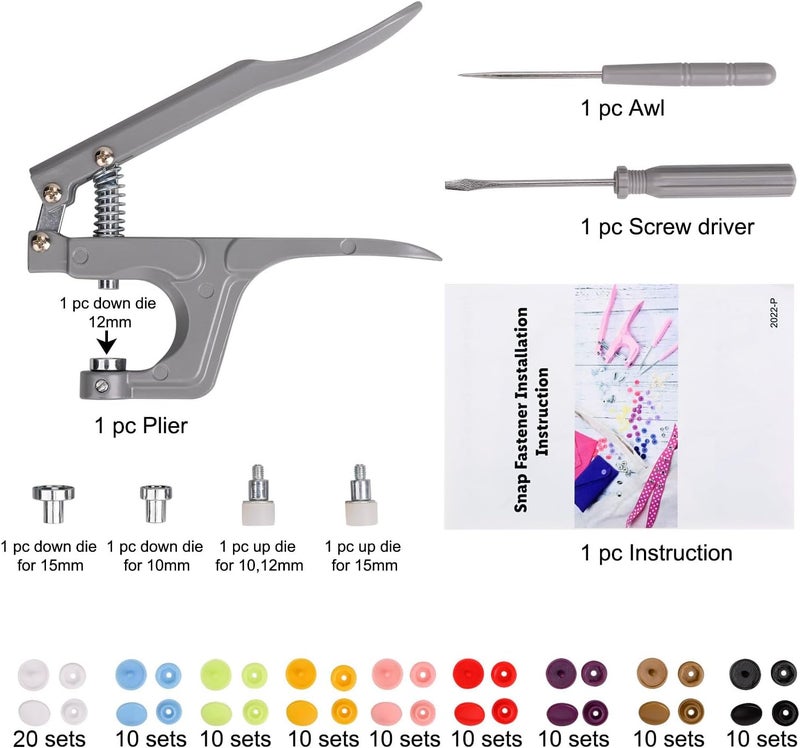 LBTEE Plastic Snap Fastener Kit with Plier Screwdriver Awl and Storage Case, 100 Sets Snaps, 9 Colors T5 Buttons, 12mm Cap. Snap Plier for T3(10mm), T5(12mm), T8(15mm) Buttons, Grey - Image 4